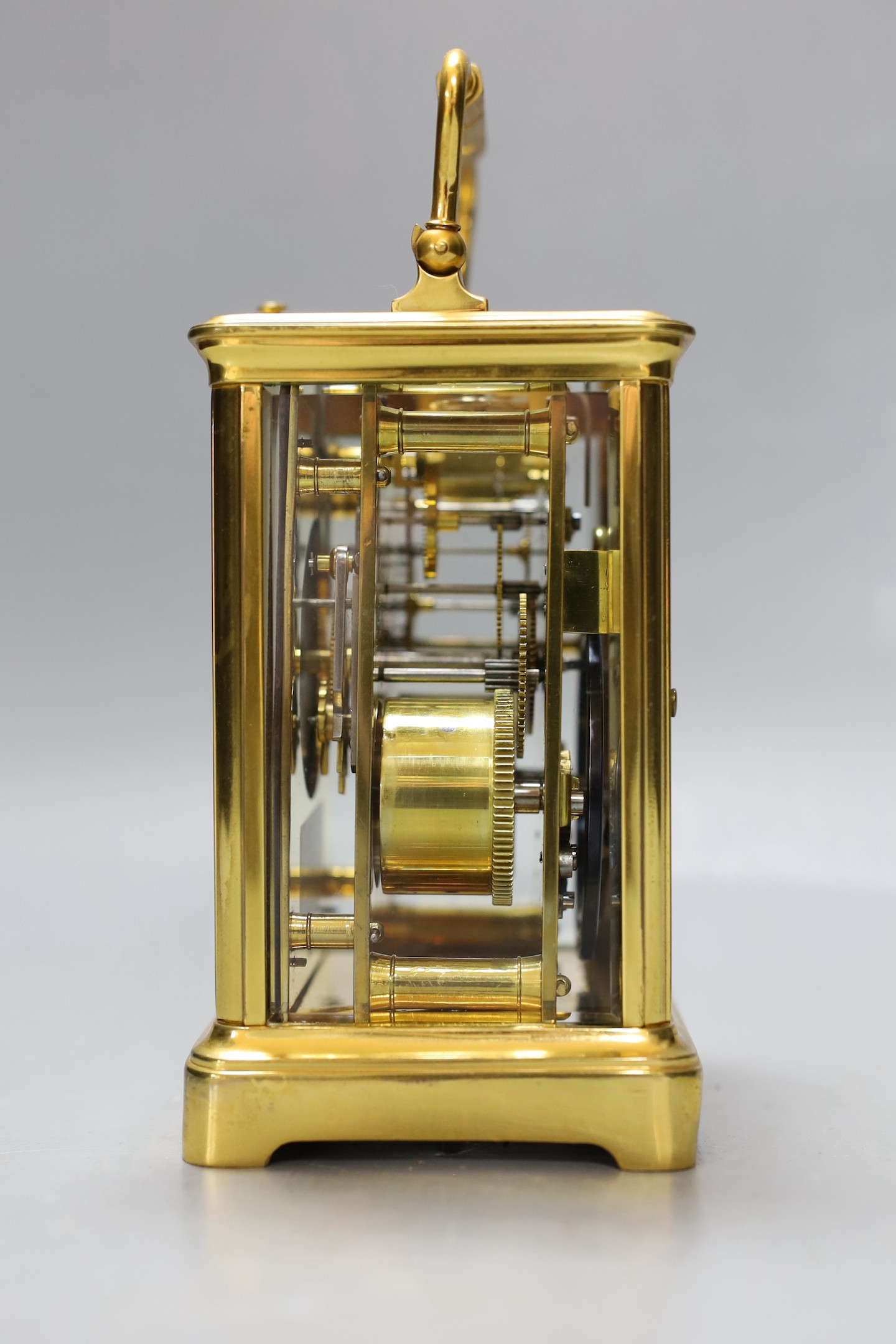 A French brass repeating carriage clock. 18cm tall